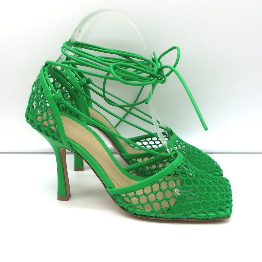 Bottega Veneta Stretch Ankle Tie Sandals Green Mesh & Leather Size 37 - Picture 2 of 10